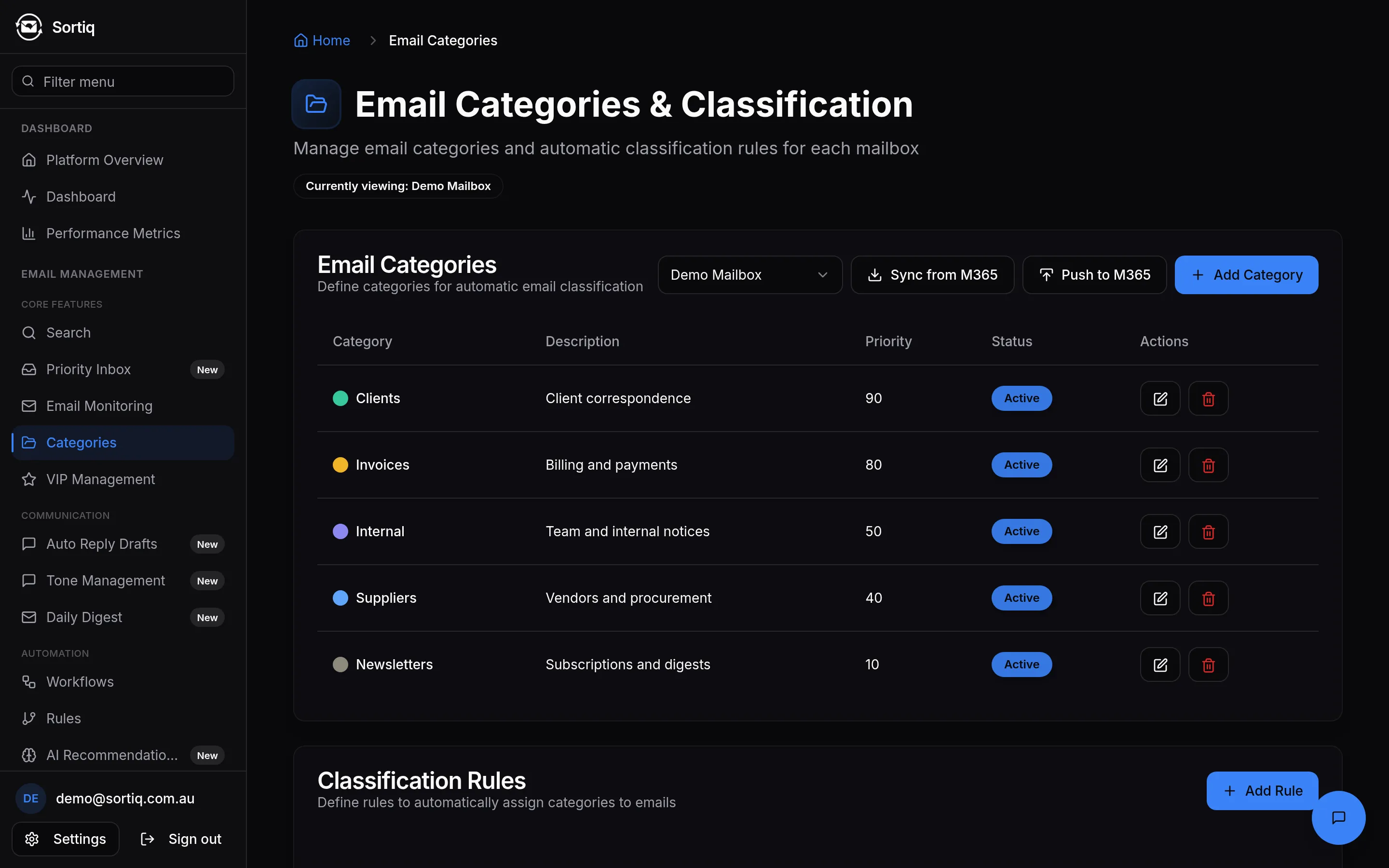 The Sortiq categories screen, listing user-defined categories with their colours and priorities