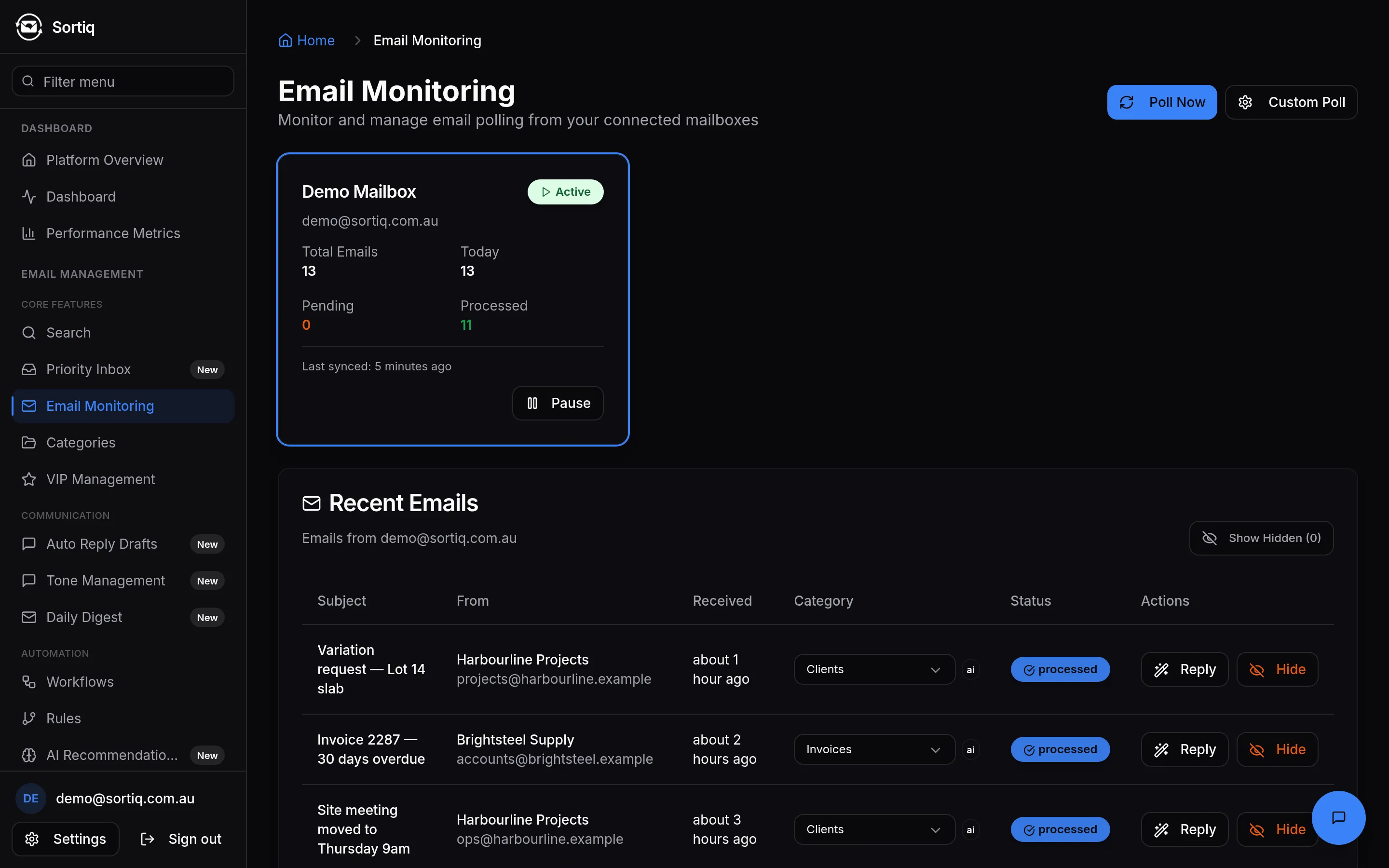 The Sortiq email list: each message shows the category it was filed into and a badge marking whether the model, a rule, or a person decided it