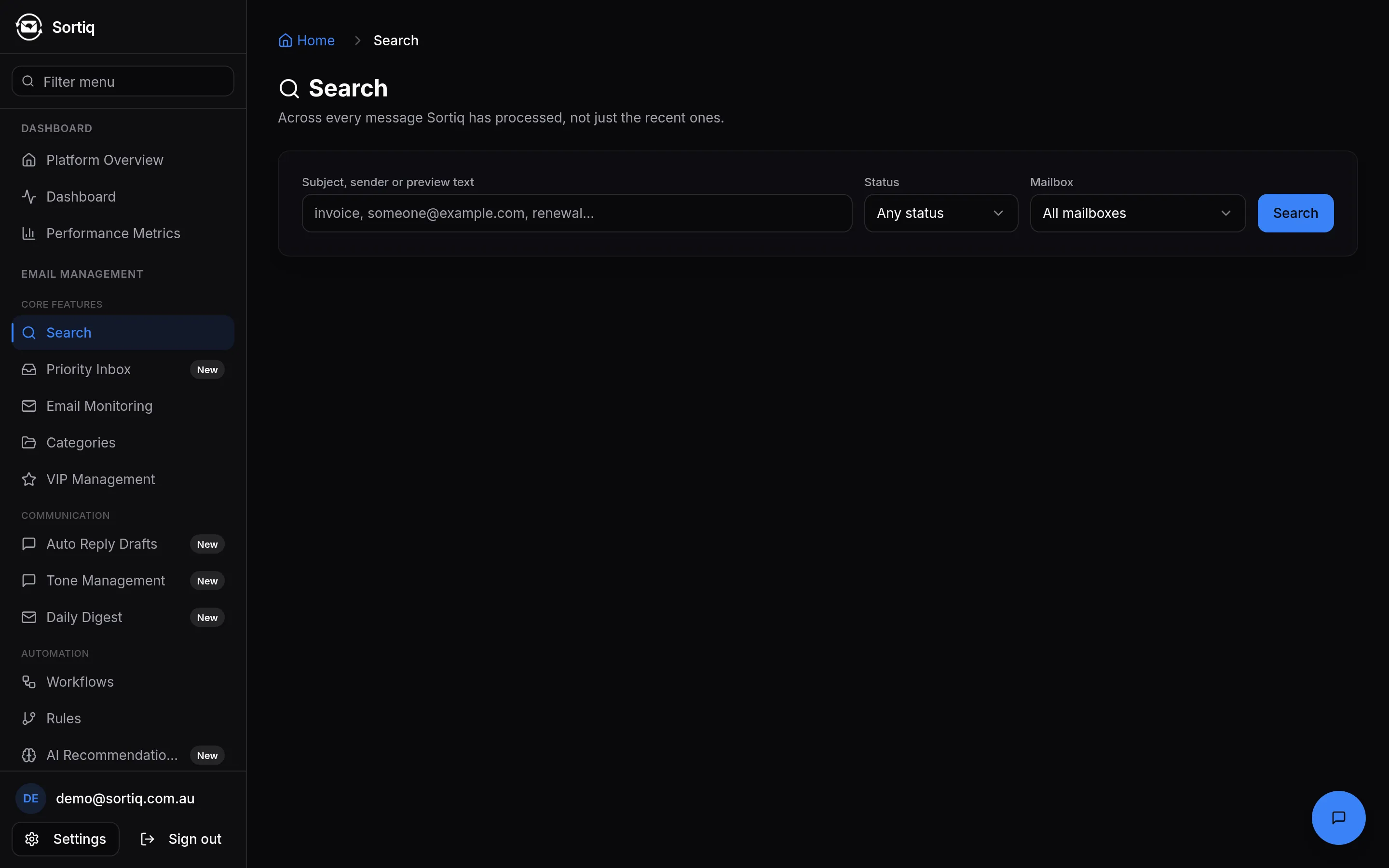 The Sortiq search screen with filters for status and mailbox