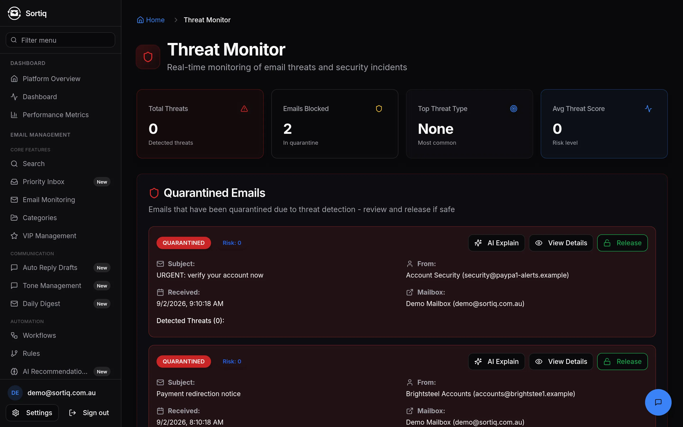 The Sortiq threat monitor listing quarantined messages, each with a Release control